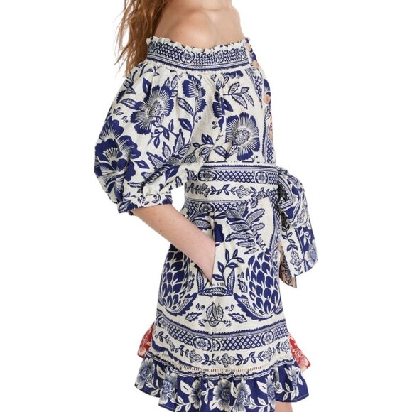 Farm Rio Mixed Pineapple Garden Off Shoulder Mini Dress S Pockets Puff Sleeves - Picture 6 of 16